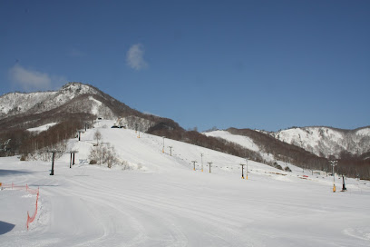 A captivating view of Aizu Kogen Daikura in Japan with a packed ski resort bustling with winter sports enthusiasts amidst a stunning wintry backdrop speckled with trees dusted in snow.