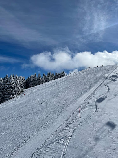 Skier gliding down a snow-covered slope at the LeMelette – Gallio ski resort in Vicenza Italy with a ski lift visible in the background.