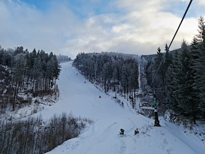 Winter sports scene at Kouty nad Desnou, Czech Republic, featuring a ski resort with a lift and skiers. A chalet is visible in the distance.