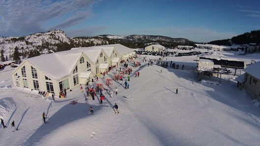 Winter scene at Gautefall Skisenter in Telemark, Norway showcasing bustling activity at the ski resort with enthusiasts enjoying the winter sports amidst the surrounding snowy landscape.