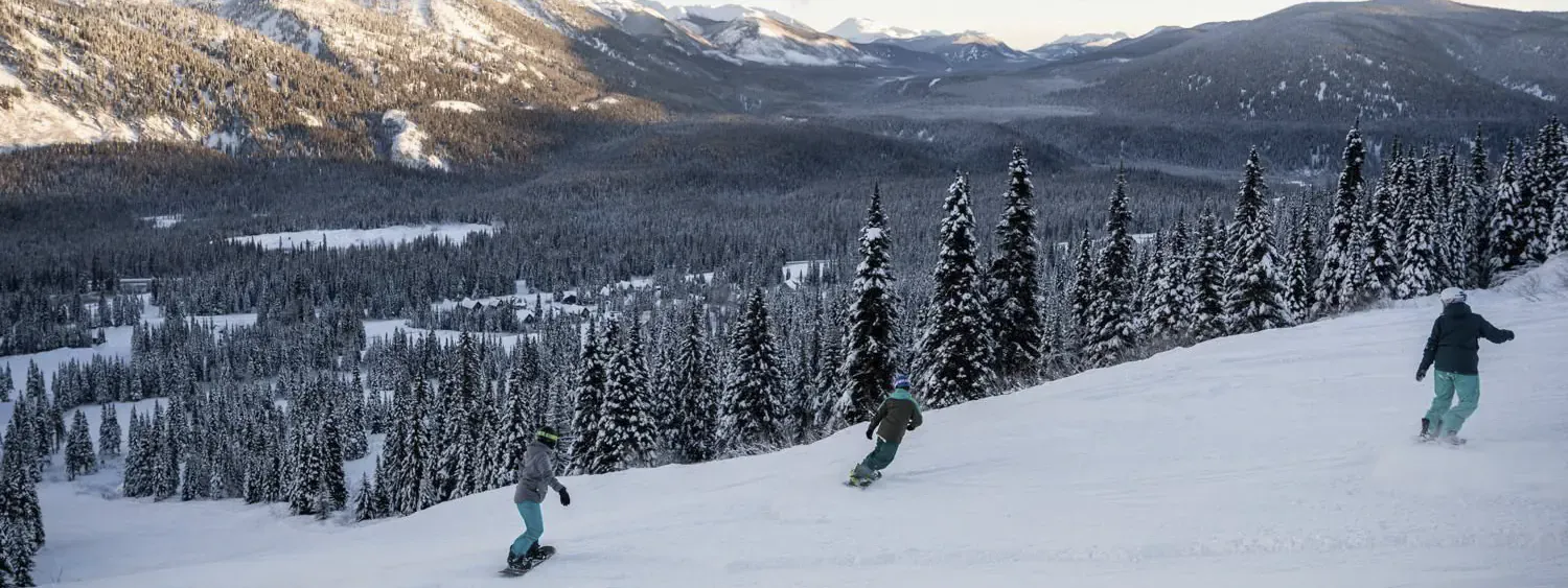 Powder King in Canada - a group of people skiing down a mountain.