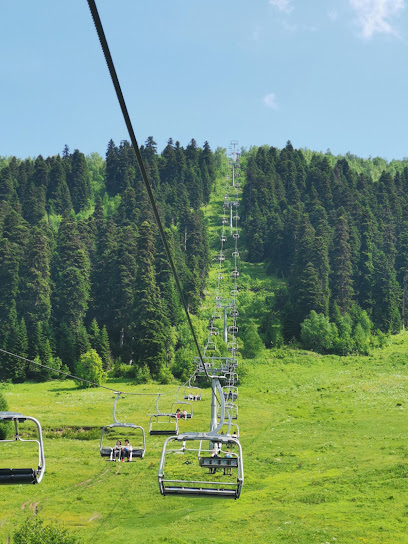 A ski lift operating in Hatsvali-Mestia Georgia with an imposing mountain providing a stunning backdrop. This ski resort offers a truly picturesque skiing experience.
