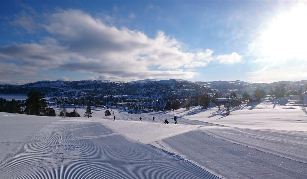 Vrådal Panorama in Norway - a person skiing down a snow covered hill.