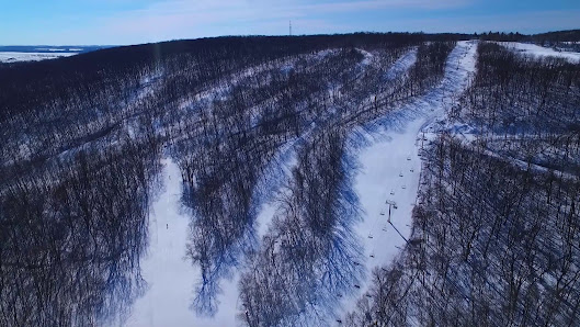 Breathtaking winter scenery at Cascade Mountain in Portage, Wisconsin, featuring a lively forest of trees partially covered in dazzling white snow, a cosy chalet in the distance, and traces of winter sports activities.