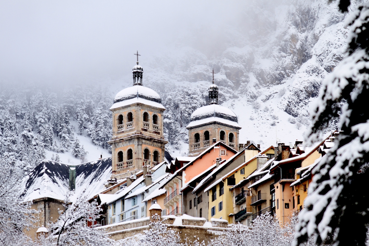 Villeneuve (Serre Chevalier) in France - white snow on the ground.