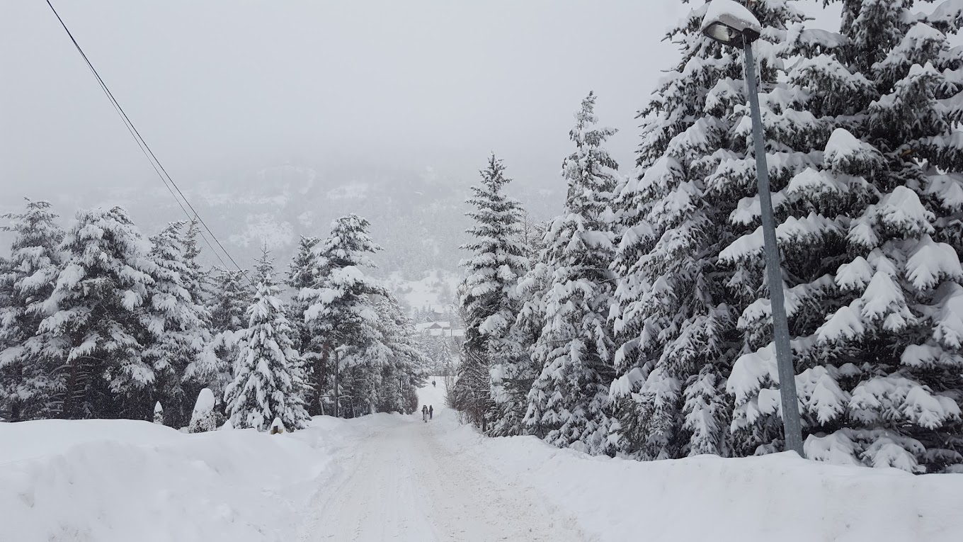 Villeneuve (Serre Chevalier) in France - a snow covered road with trees and power lines.