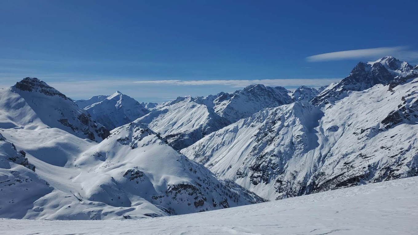 Villeneuve (Serre Chevalier) in France - a view from the top of a snowy mountain.