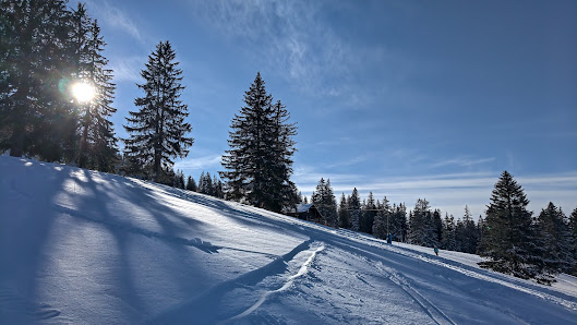 Winter sports scene at Robella Val-de-Travers in Switzerland showcasing a ski resort nestled amidst breathtaking winter scenery. A cozy chalet peeks through the snowy landscape.