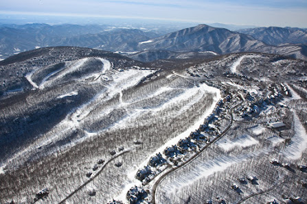 Image showcasing a picturesque Wintergreen Resort in Nellysford Virginia during winter with snow-covered slopes a busy ski resort in operation and people partaking in winter sports.