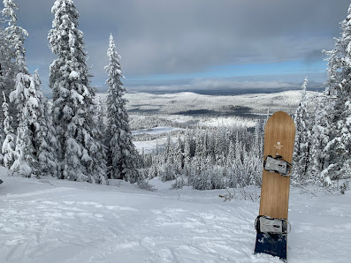 A snowboarder cutting through fresh powder on a clear, crisp day at Mount Timothy in Lac la Hache, British Columbia, perfectly embodying the thrill and adventure of winter sports in Canada.