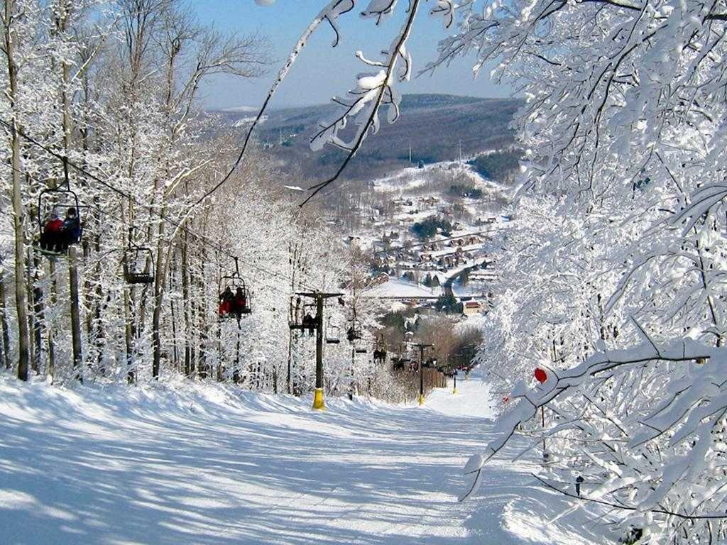 Greek Peak Mountain in USA - a snow covered ski slope with trees in the background.