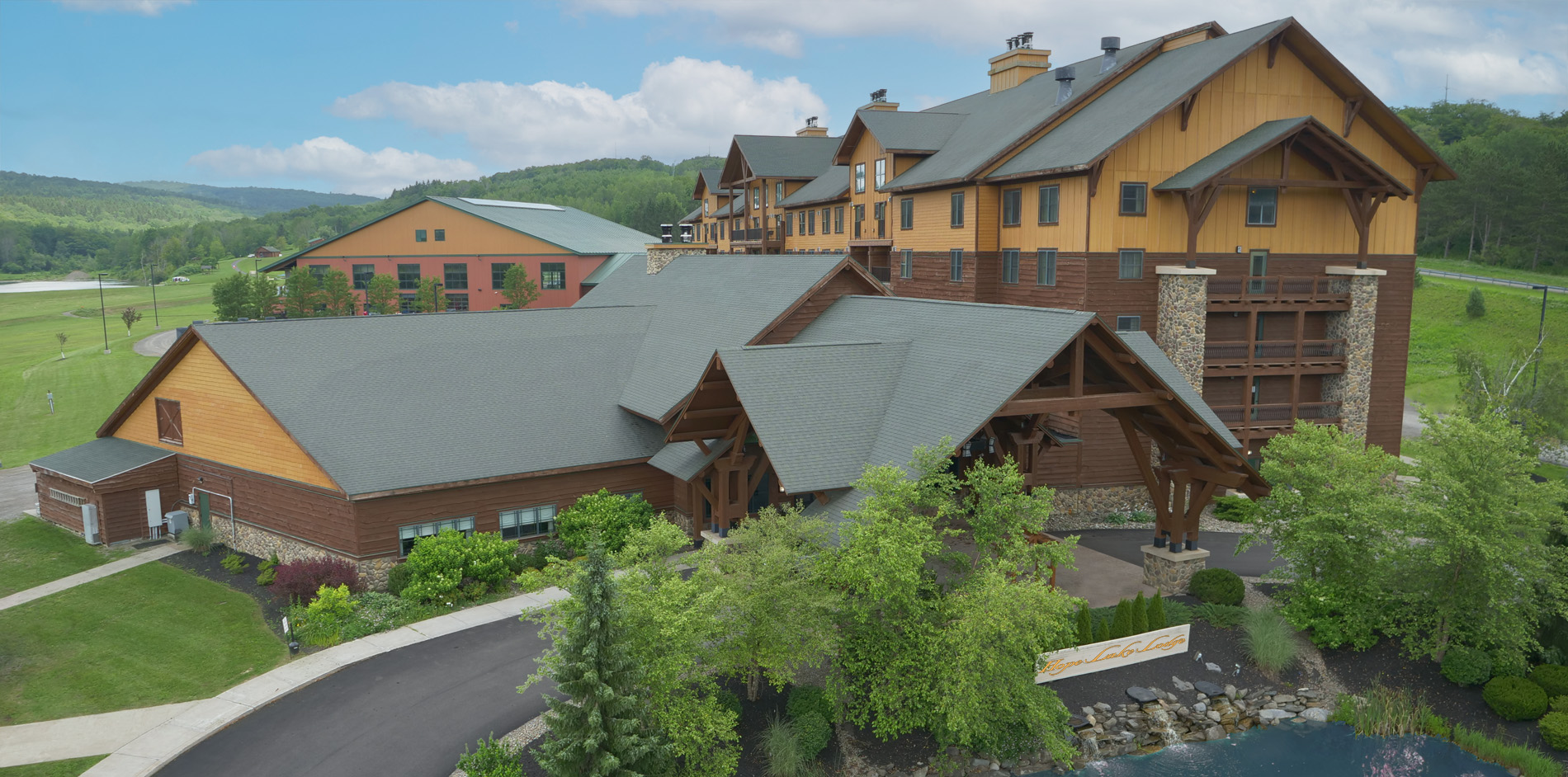 Greek Peak Mountain in USA - an aerial view of a house in the mountains.