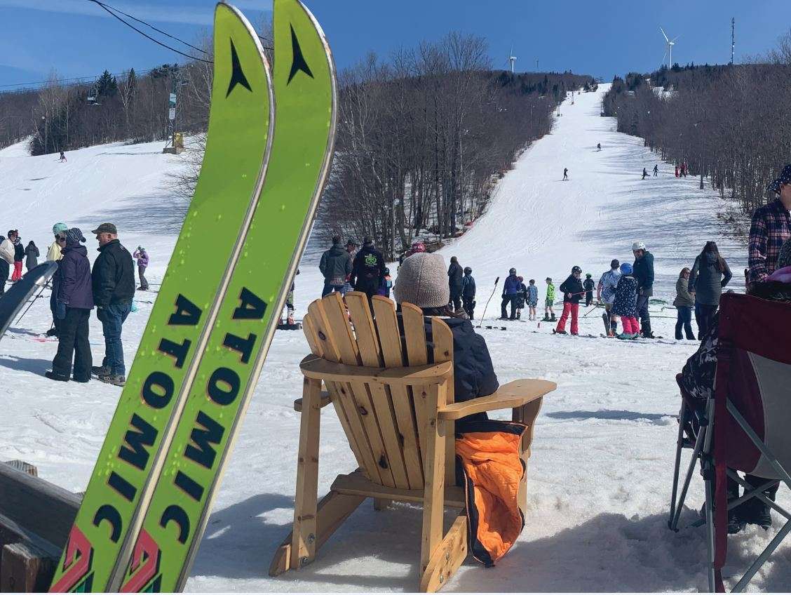 Bigrock Mountain in USA - a group of people sitting on top of a snow covered slope.