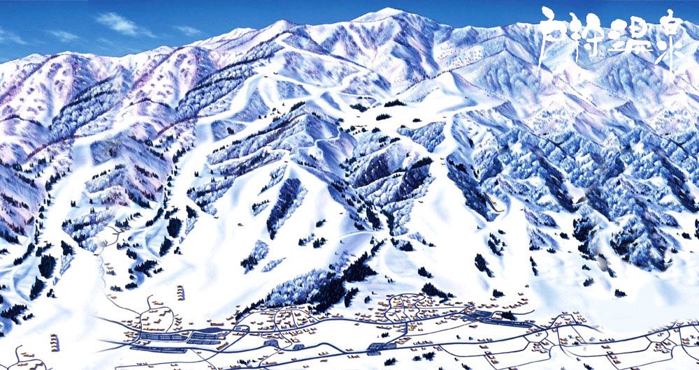 View of Togari Onsen ski resort in Japan, featuring a charming chalet against the backdrop of bustling winter sports activities and pristine snow-covered slopes in a breathtaking winter scene.