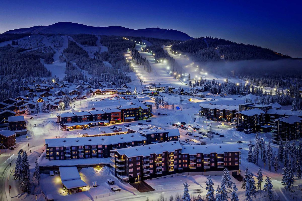 Trysil in Norway: a ski resort in the mountains at night.