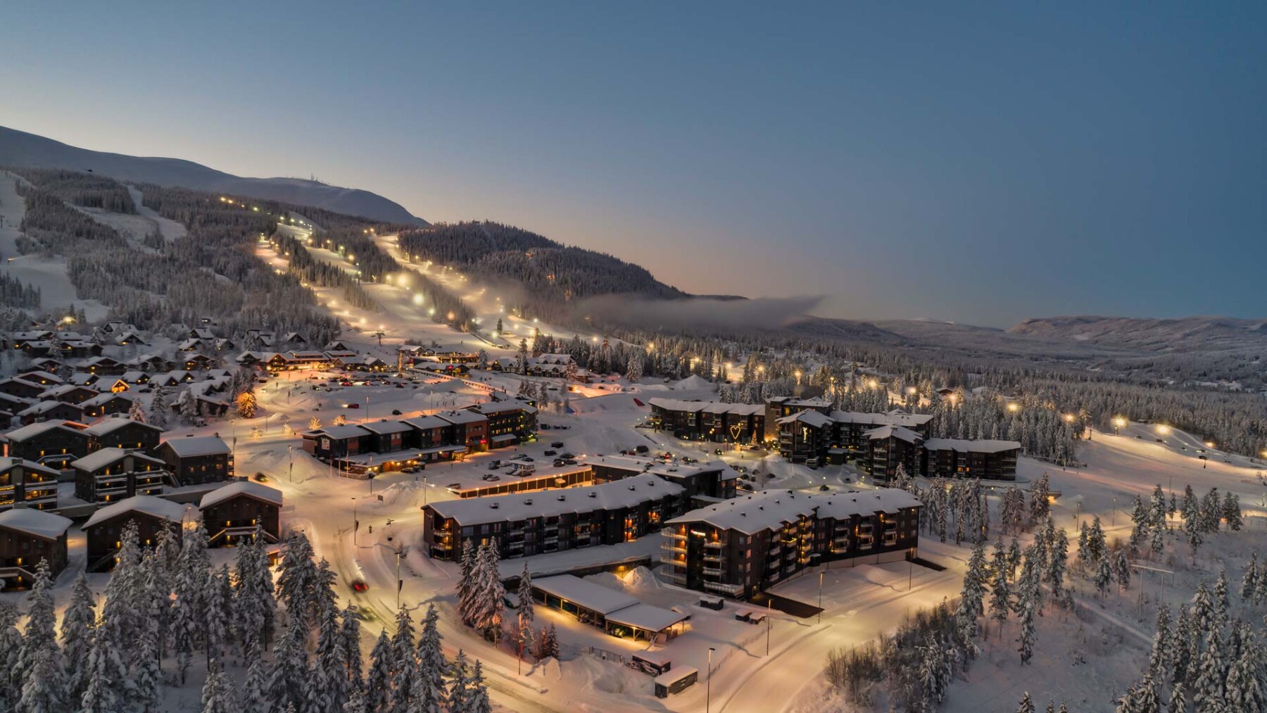 Trysil in Norway: a ski resort in the mountains at night.