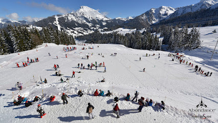 Winter sports enthusiasts enjoying a day of skiing at the Télécabine de l'Essert, a notable ski resort in Abondance, Auvergne-Rhône-Alpes, France, with a chalet visible in the background.