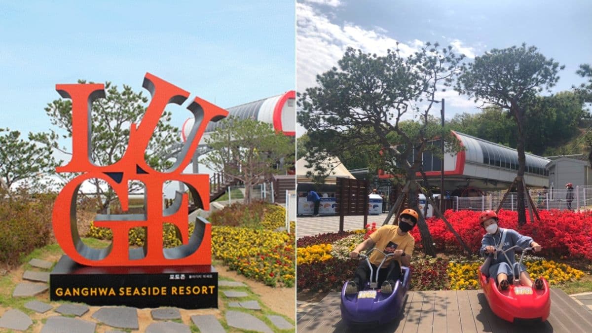 Ganghwa Seaside Resort in South Korea: two photos of people in a park with a sign that says gagha resort.