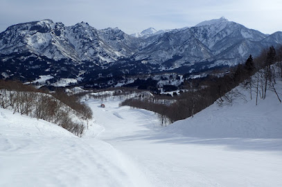 A vibrant winter scene in Itoigawa Seaside Valley, Japan. Encompassing a ski resort with multiple snow-covered slopes, a skier gracefully gliding down the mountain, and a chalet nestled in the backdrop.