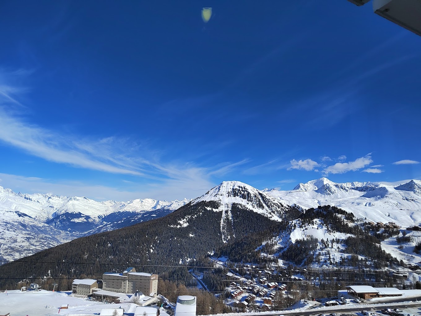 La Plagne in France: a view from the balcony of a ski resort.