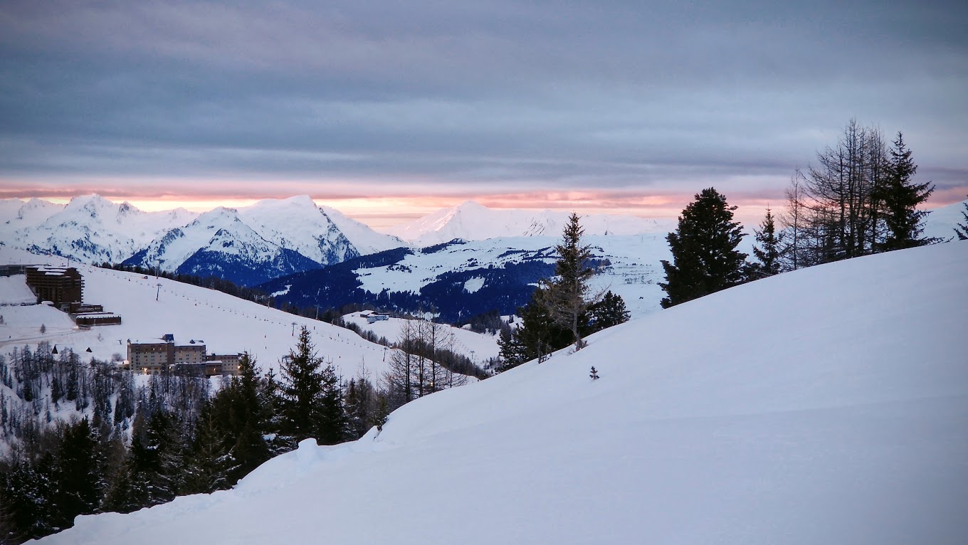 La Plagne in France - a view of the mountains from a ski slope.