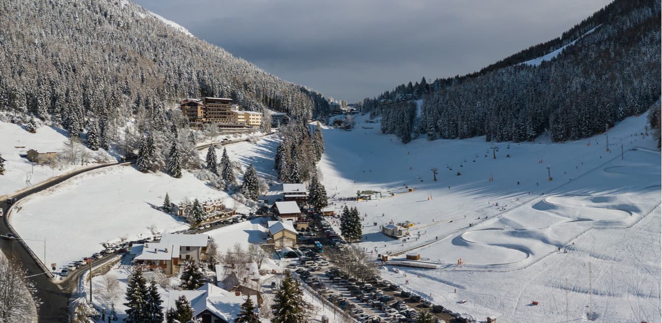 Nuova Lizzola in Italy: a view of a ski resort in the mountains.